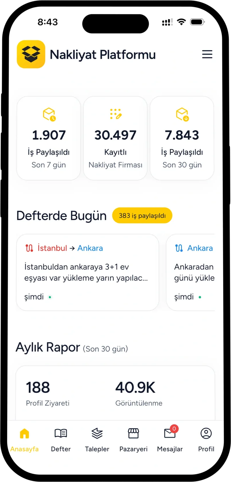 Nakliyat Platformu mobil uygulama ekranı