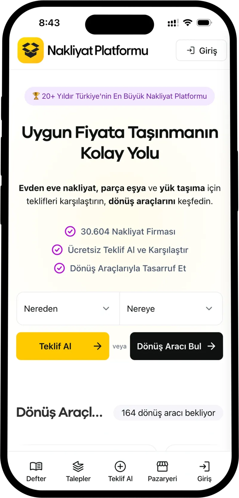 Nakliyat Platformu mobil uygulama ekranı