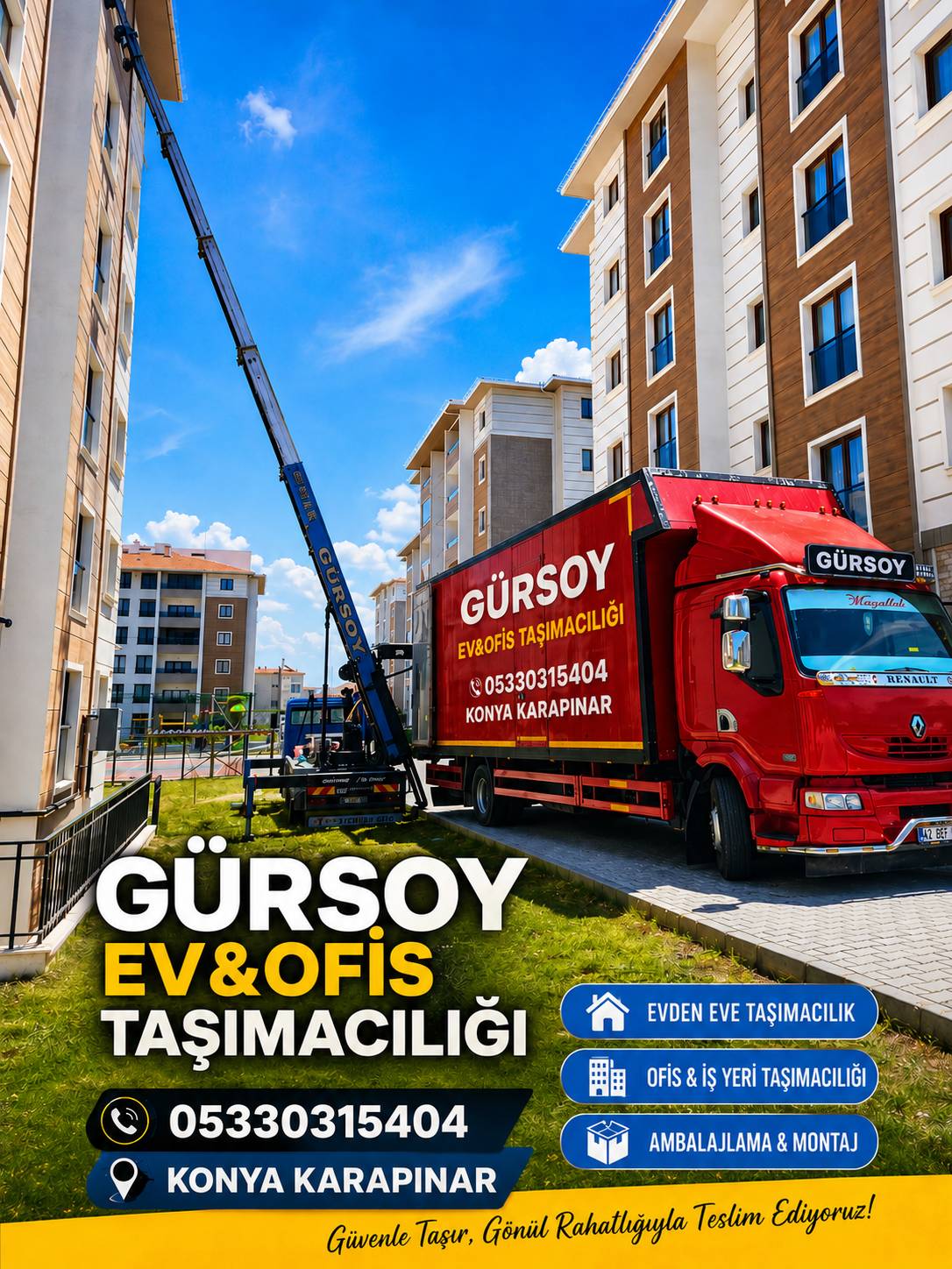 Konya/Karapınar 
7/ 24 eleman ve asansör hizmetimiz vardır.
Türkiye' nin her yerine evden eve taşımacılık hizmetimiz vardir..